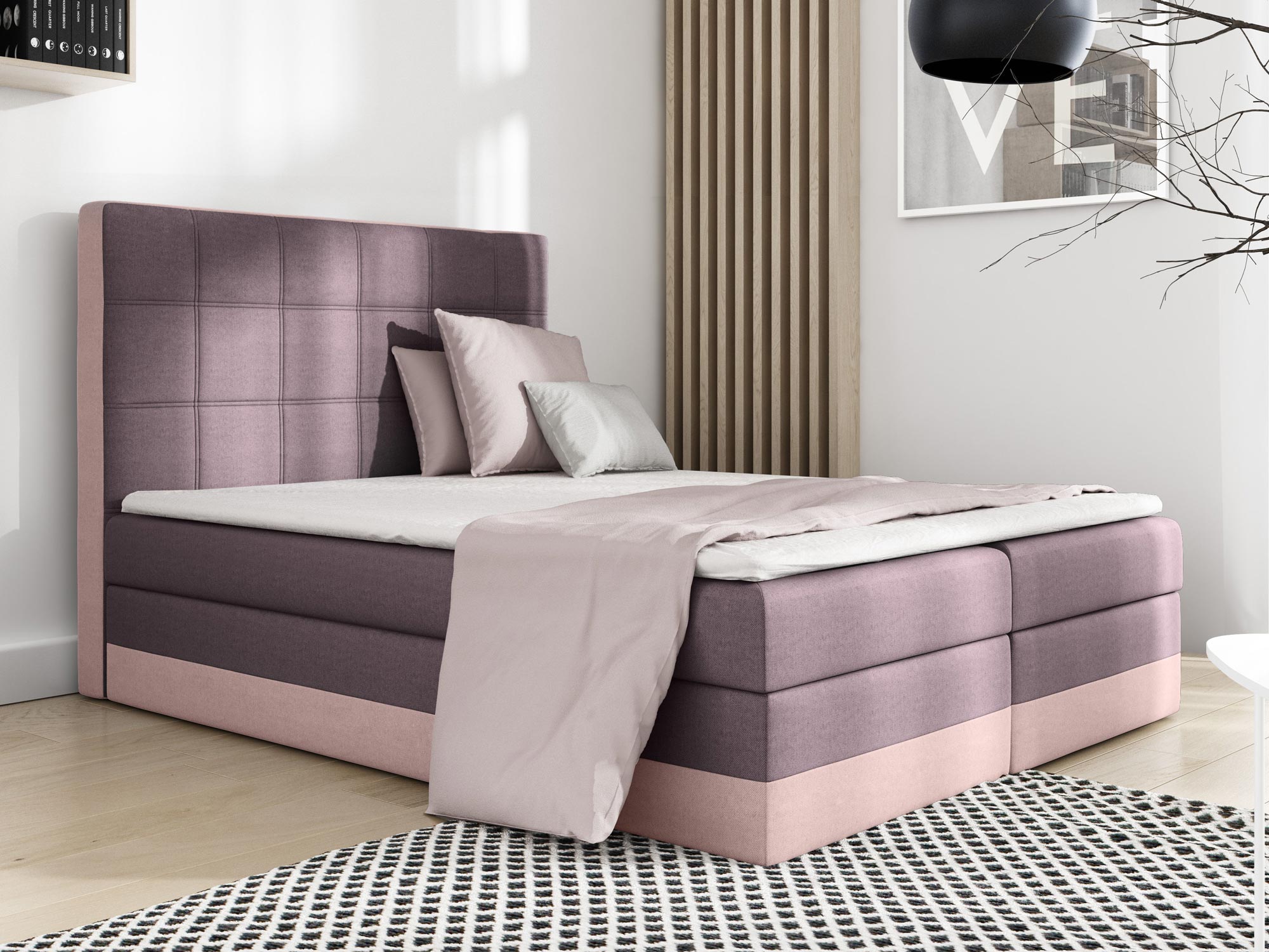 Łóżko-kontynentalne-LORICE-w-tkaninie-Soro-61-+-65 Łóżko Z Zagłówkiem Tapicerowanym Lorice aranżacja różowy