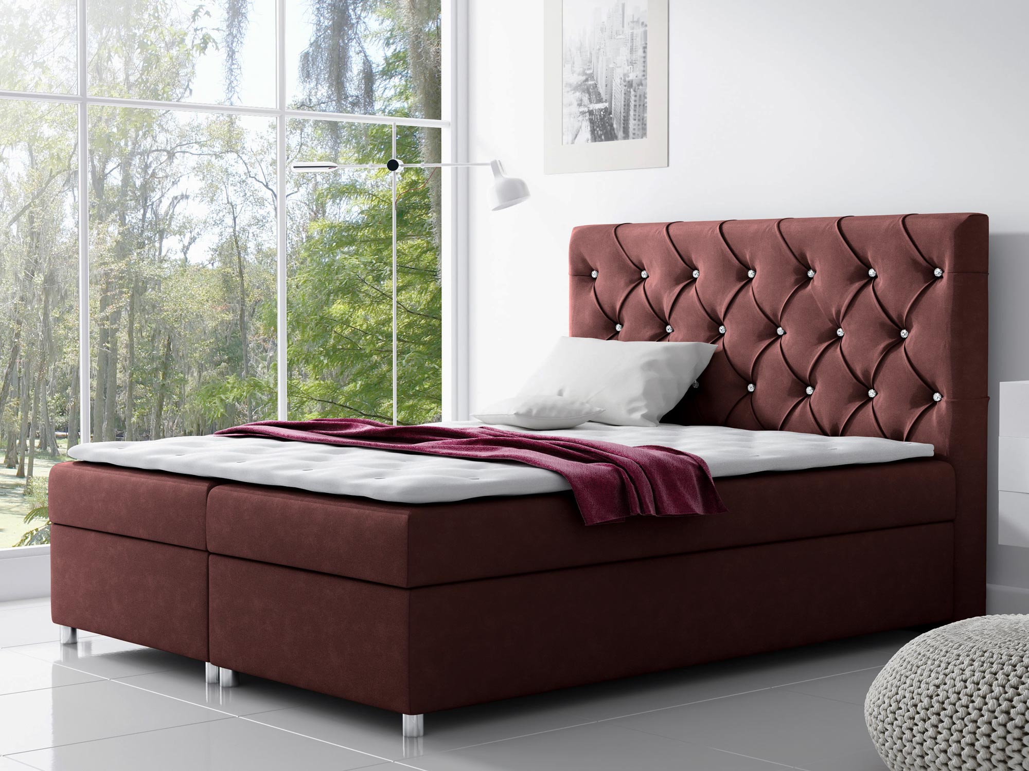 Łóżko kontynentalne pikowane zagłowie bordowy aranżacja MERINO Łóżko kontynentalne pikowane zagłowie bordowy aranżacja MERINO