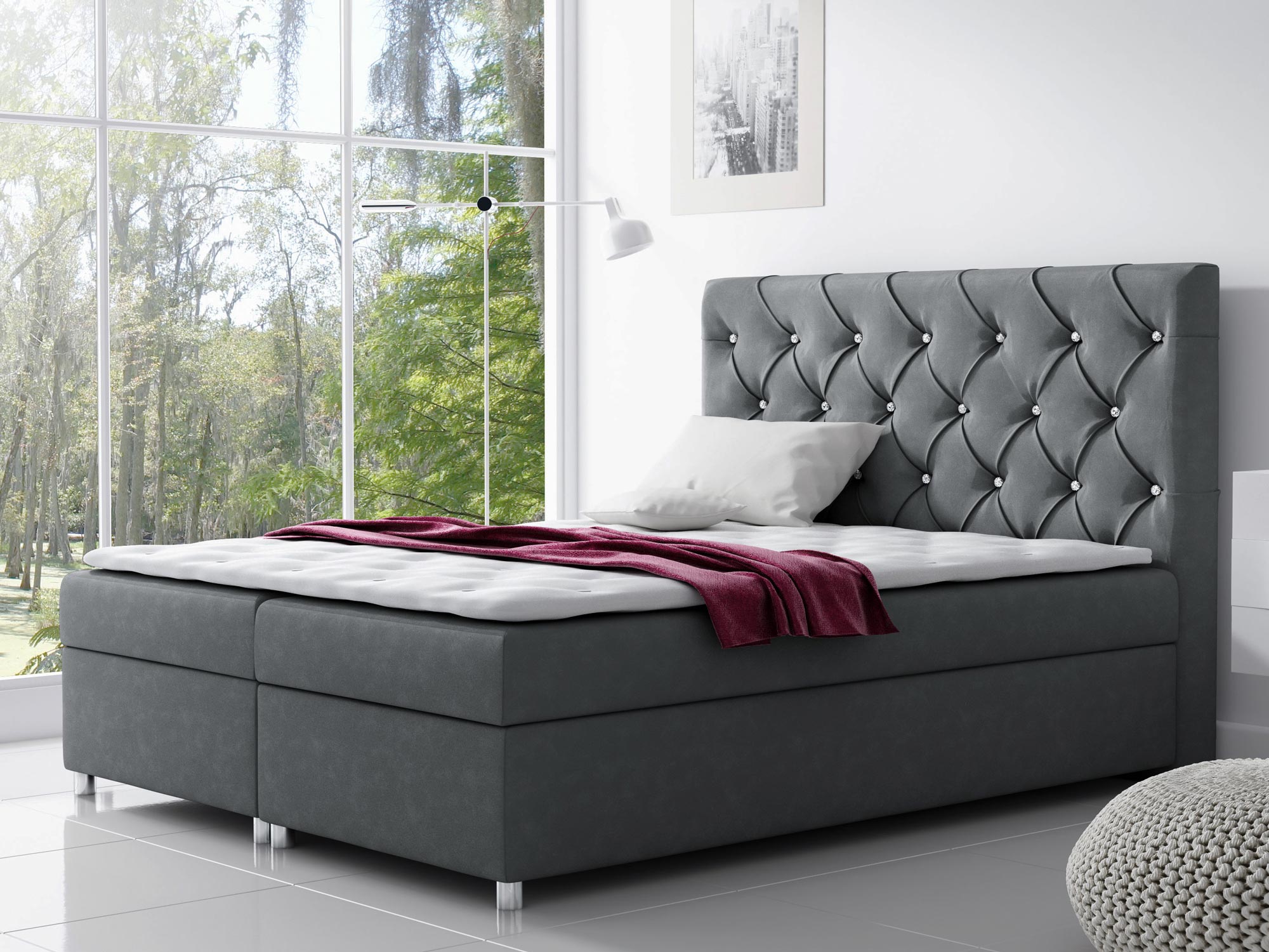 Łóżko kontynentalne pikowane zagłowie szary aranżacja MERINO Łóżko kontynentalne pikowane zagłowie szary aranżacja MERINO
