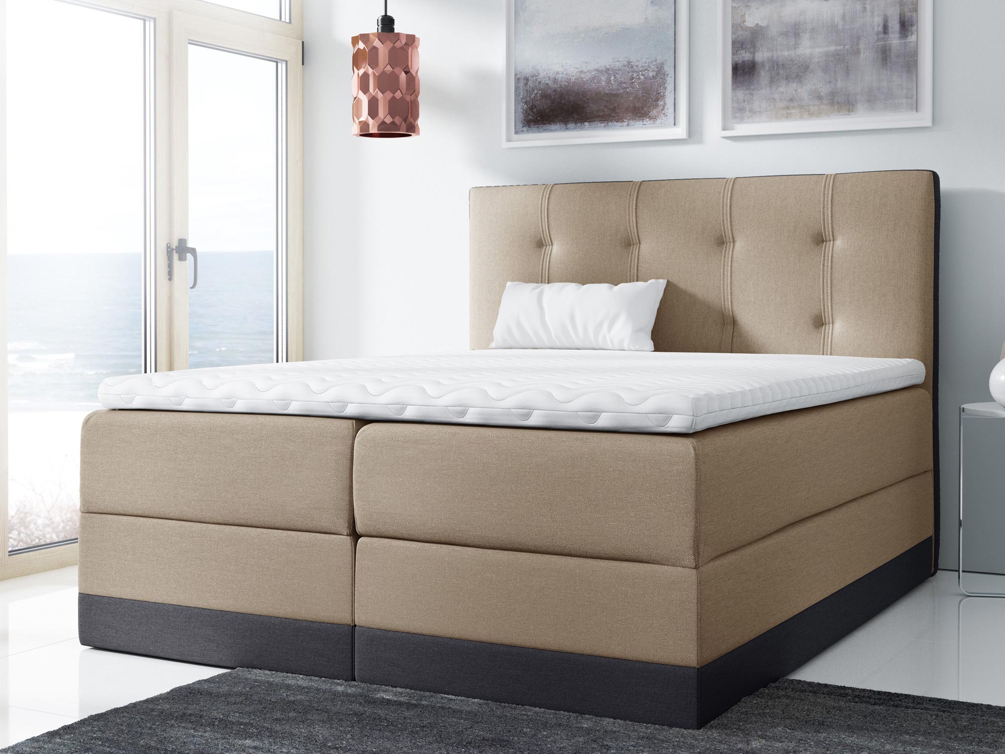 Łóżko Tapicerowane do Sypialni beżowy aranżacja MOSTAR Łóżko Tapicerowane do Sypialni beżowy aranżacja MOSTAR