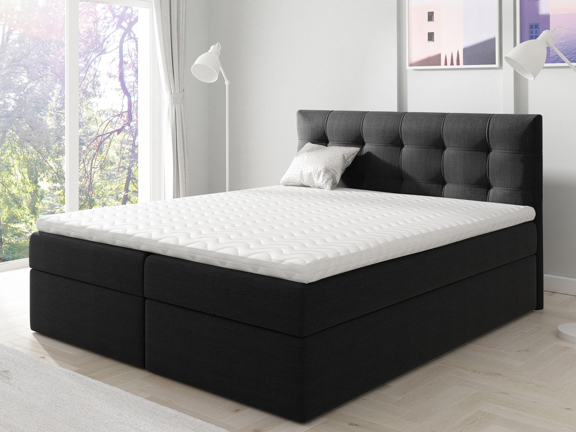 Łóżko kontynentalne czarna tkanina aranżacja PRINCE 1 Łóżko kontynentalne czarna tkanina aranżacja PRINCE 1