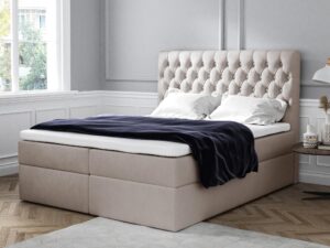 Miniaturka 7 - Beżowe łóżko glamour z zagłówkiem chesterfield i kryształkami w sypialni