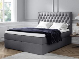 Miniaturka 3 - Szare łóżko kontynentalne glamour z zagłówkiem chesterfield w sypialni