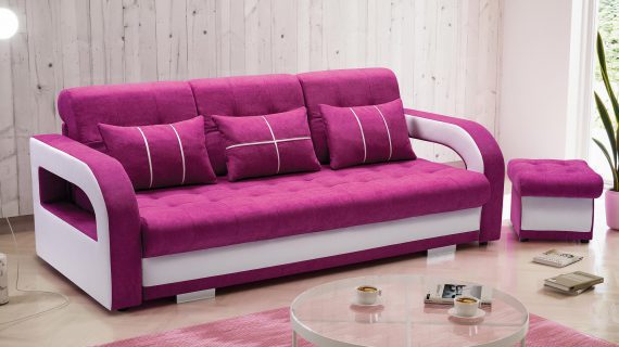 Miniaturka 11 - Rozkładana Kanapa z Pufą różowo-biała aranżacja OLYMPEA + PUFA