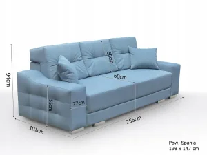Miniaturka 8 - Sofa 2 Osobowa z Funkcją Spania błękit wymiary GRANDE