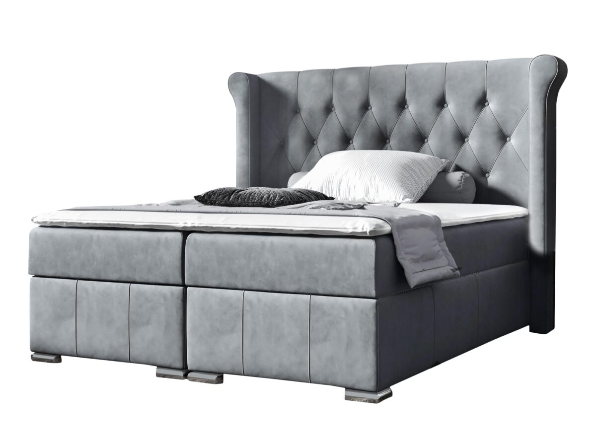 Graues Polster-Boxspringbett Doppelbett mit Bettkasten FRANK