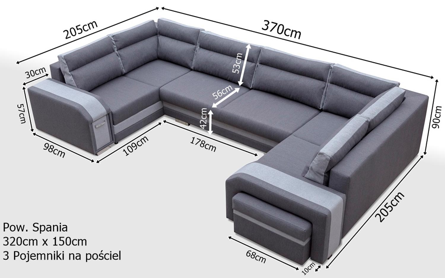 Narożnik Podkowa z Dużą Powierzchnią Spania wymiary AVA U