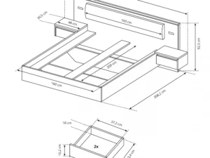 Miniaturka 1 - Rysunek techniczny łóżka 160x200 z szafkami nocnymi i wymiarami