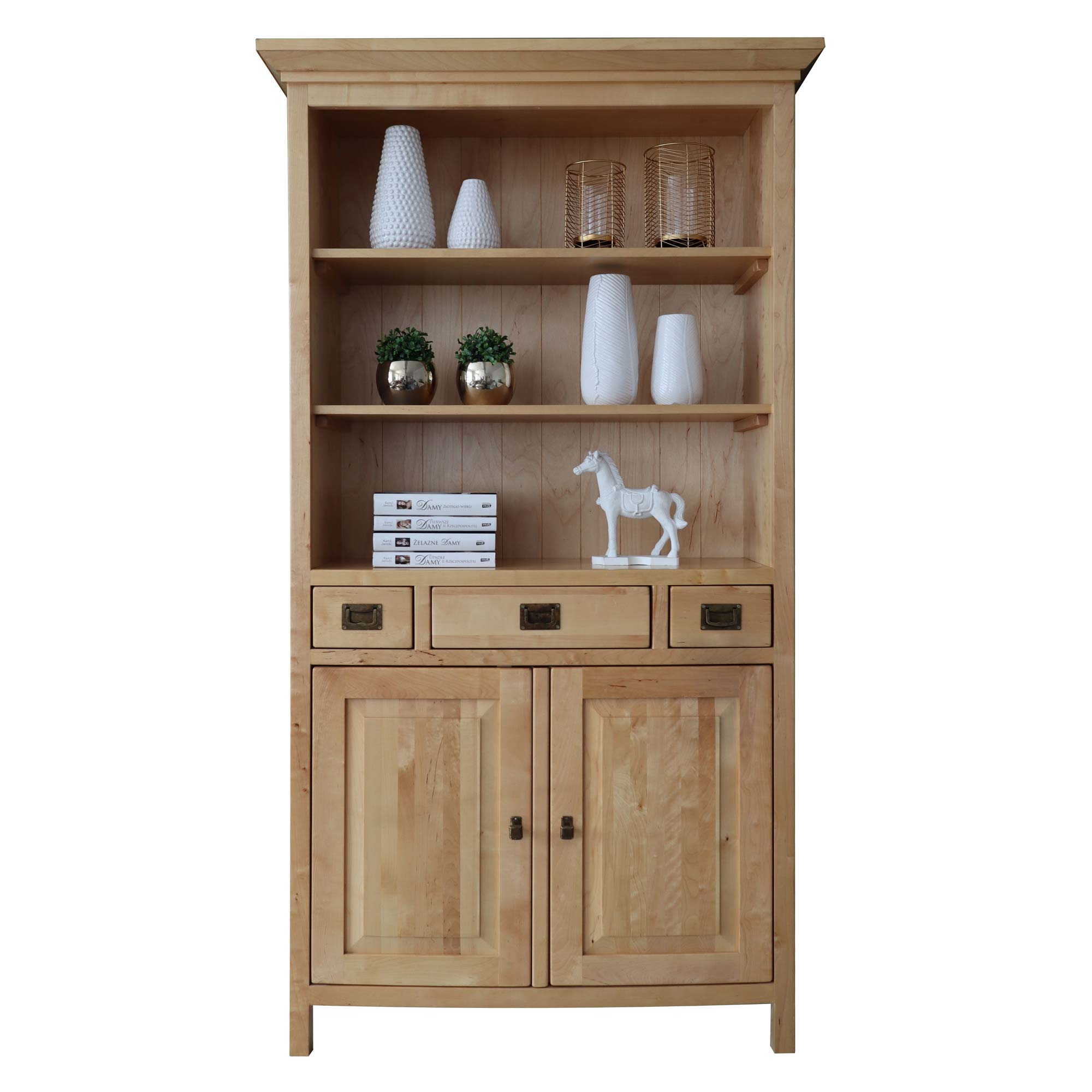 Drewniany regał z szafkami półkami szufladami białe tło MENDOZ