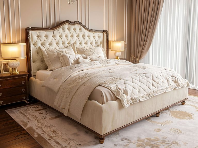 Klasyczna sypialnia glamour z pikowanym zagłówkiem i złotymi dodatkami, elegancka sypialnia glamour.