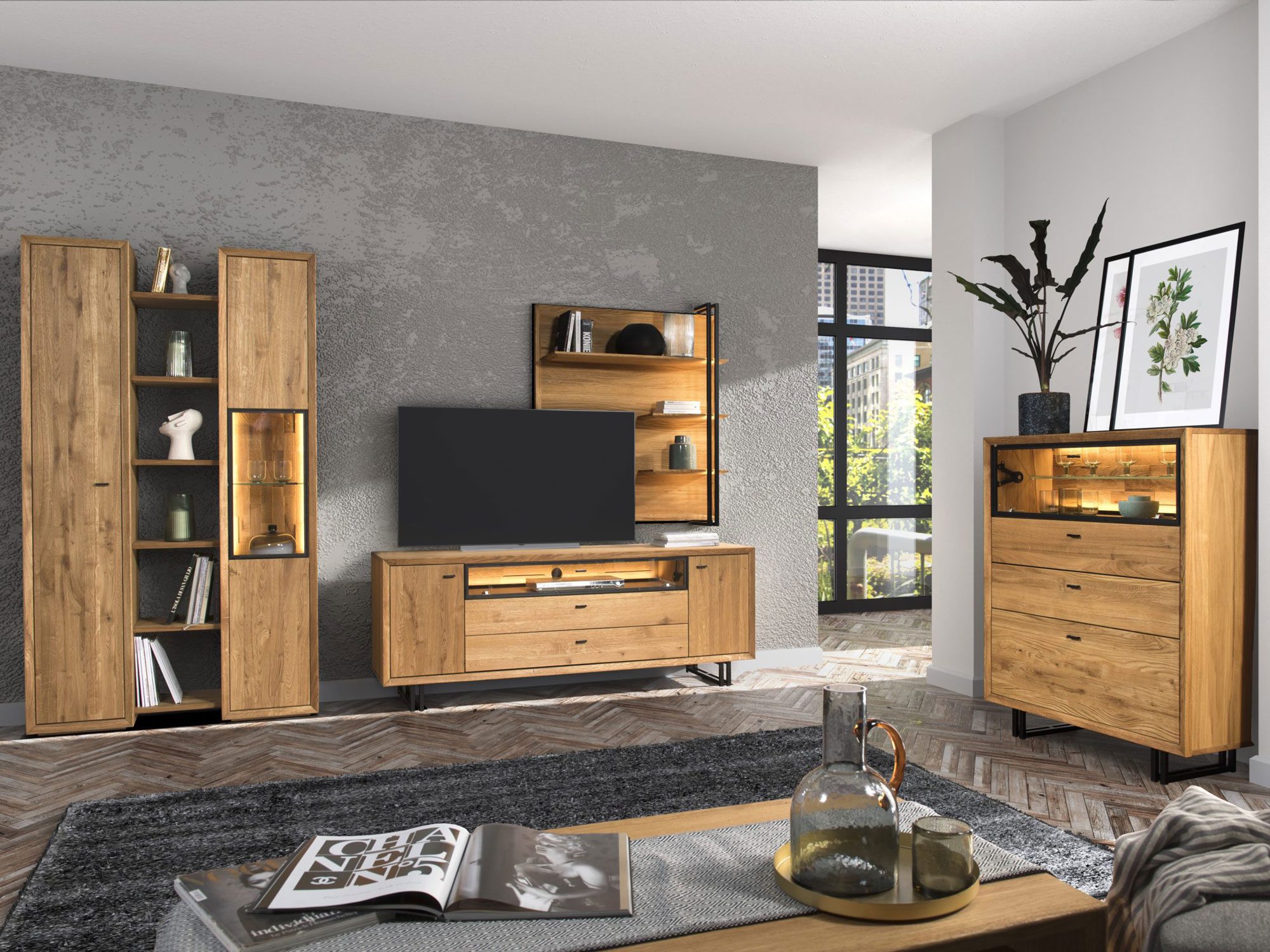 Nowoczesny salon z drewnianą szafką i zabudową RTV, elegancki salon z meblami drewnianymi.