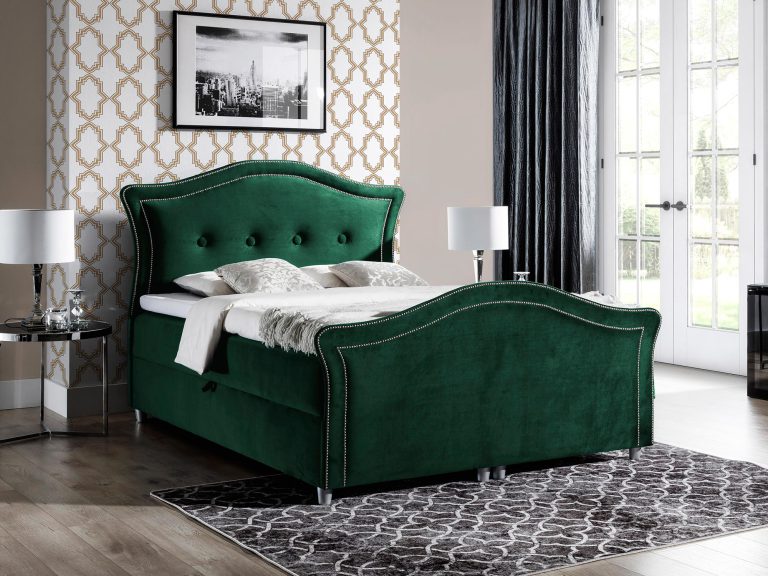 Luksusowe łóżko sypialniane w kolorze butelkowej zieleni