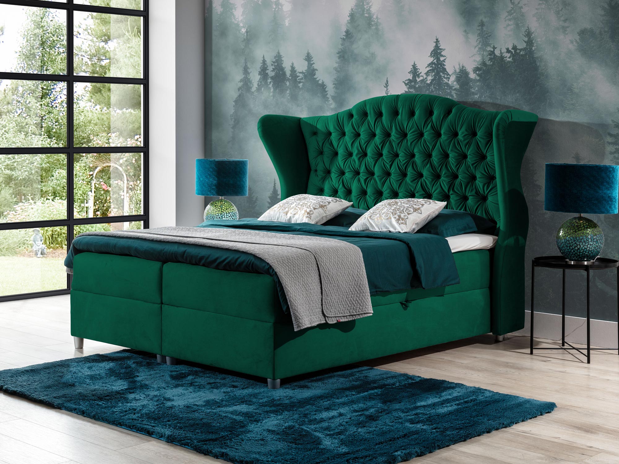 Łóżko kontynentalne butelkowa zieleń aranżacja LOCOS