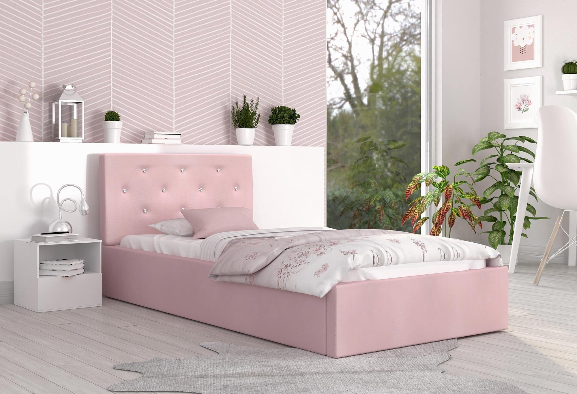 Łóżko tapicerowane pudrowy róż aranżacja FRESCO Łóżko tapicerowane pudrowy róż aranżacja FRESCO