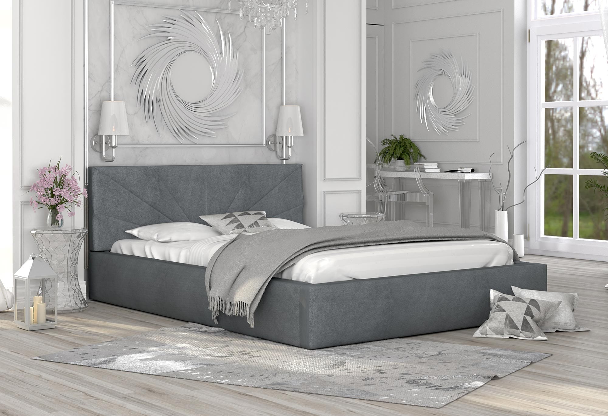 Łóżko tapicerowane szare aranżacja EVELYN Łóżko tapicerowane szare aranżacja EVELYN
