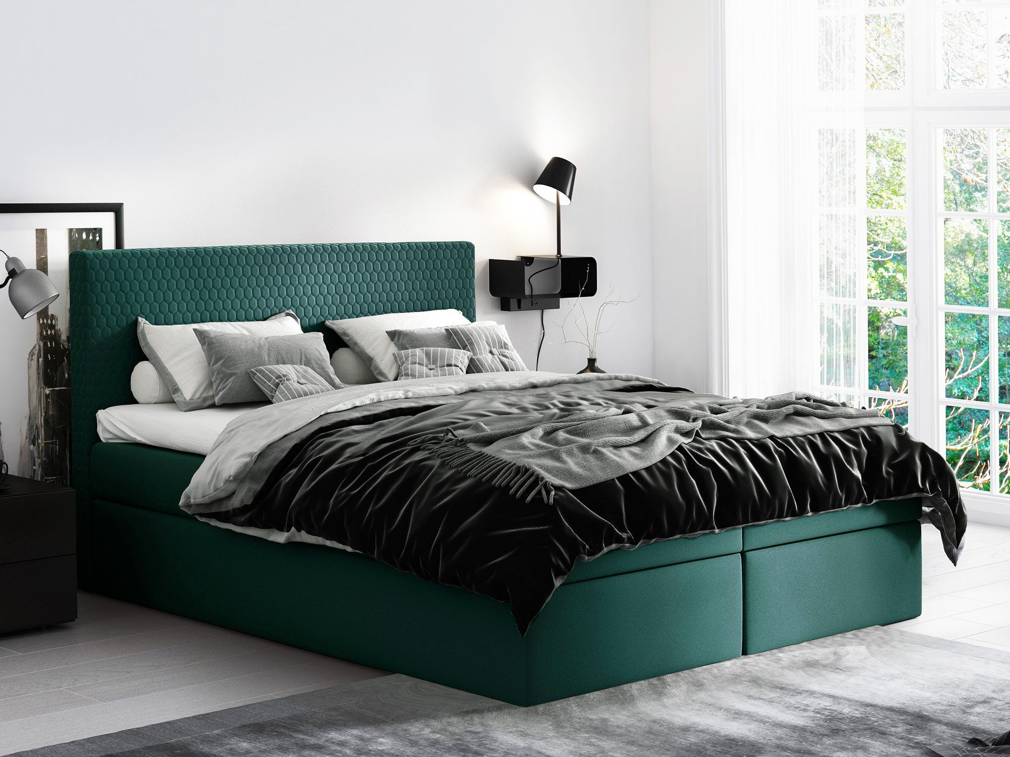 Łóżko kontynentalne zielone aranżacja LOREN