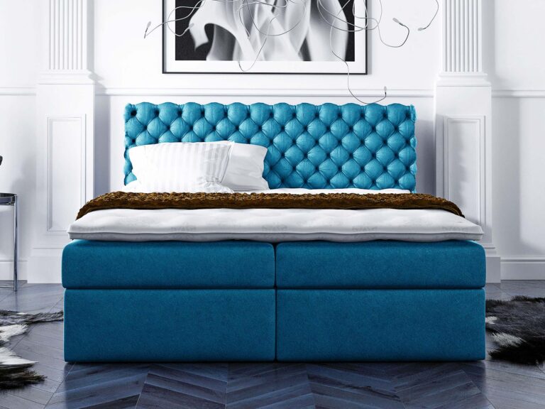 Turkusowe łóżko kontynentalne z eleganckim obiciem