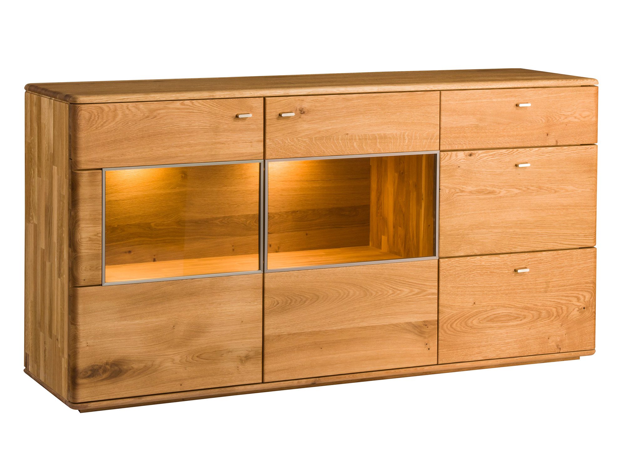 Komoda drewniana szafki przeszklenia oświetlenie LED szuflady MASERI