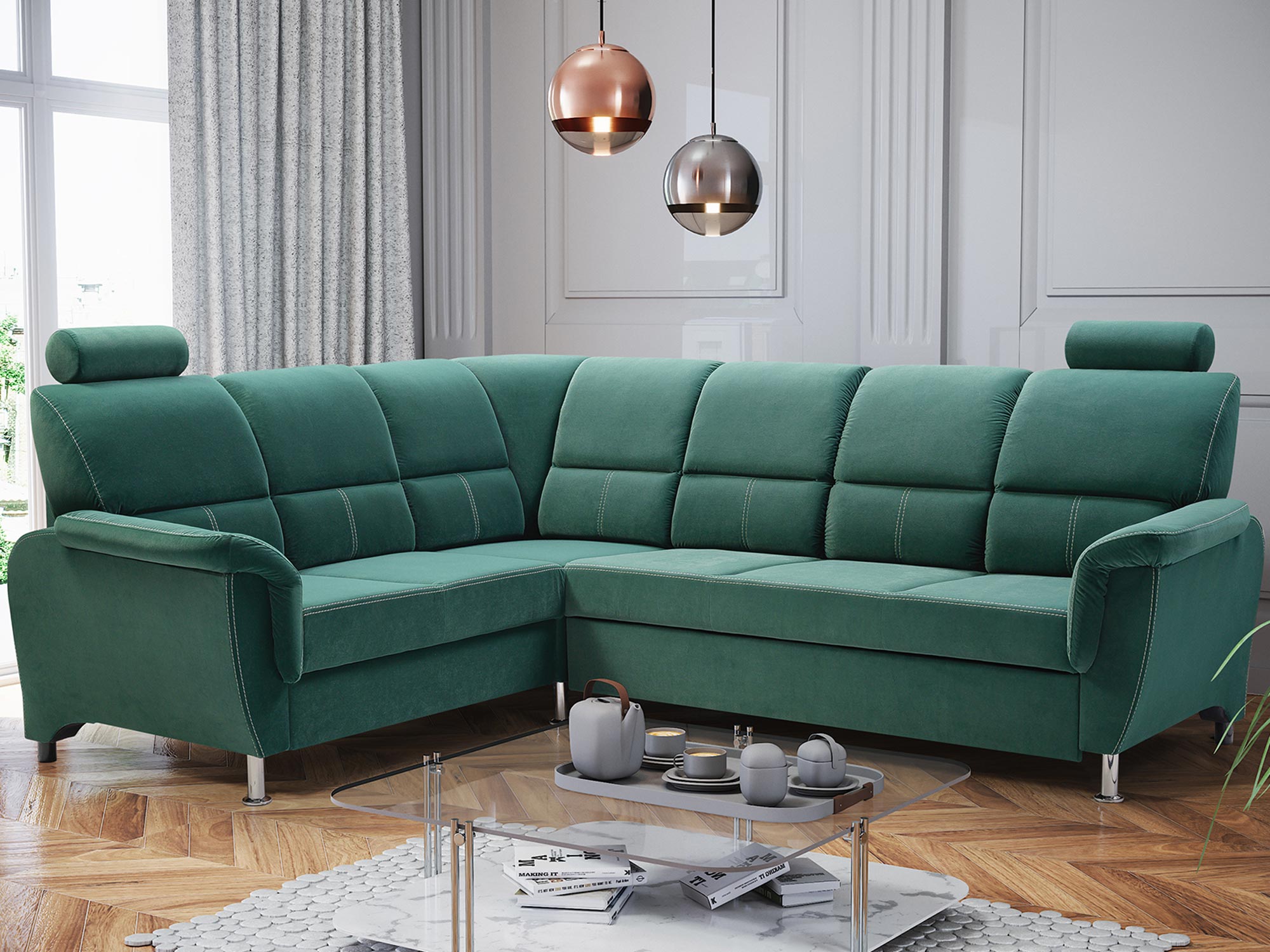 Narożnik zielony na metalowych nóżkach aranżacja ALEXIS