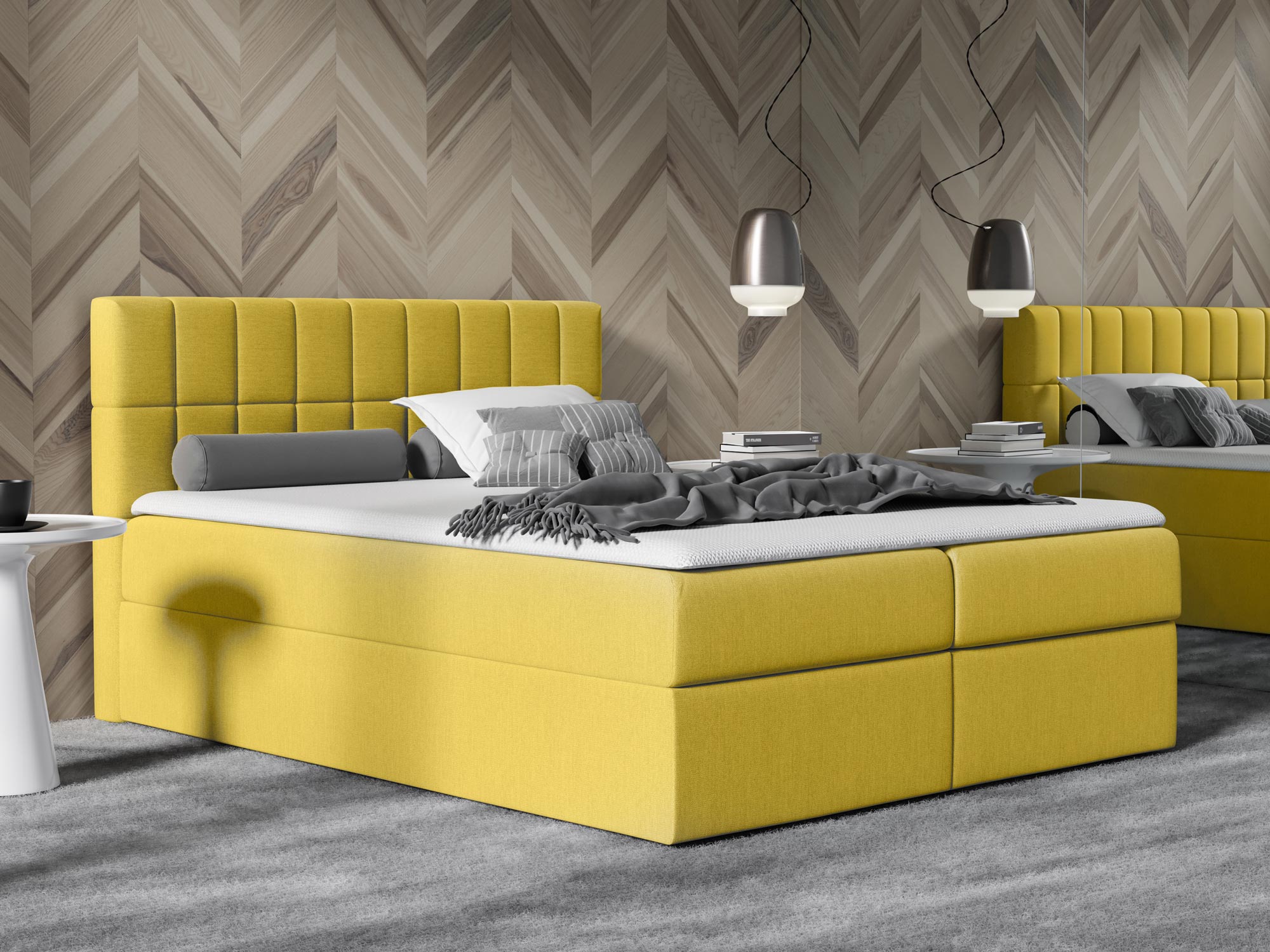 Łóżko kontynentalne żółte aranżacja TRIXO