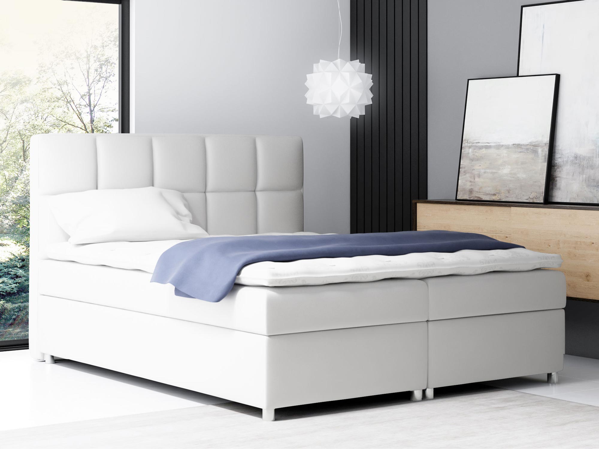 Łóżko kontynentalne białe w eleganckiej sypialni aranżacja AZURO