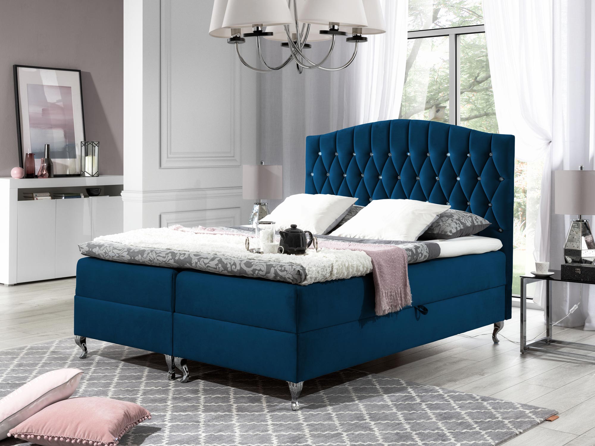 Łóżko kontynentalne niebieskie aranżacja ANDORA