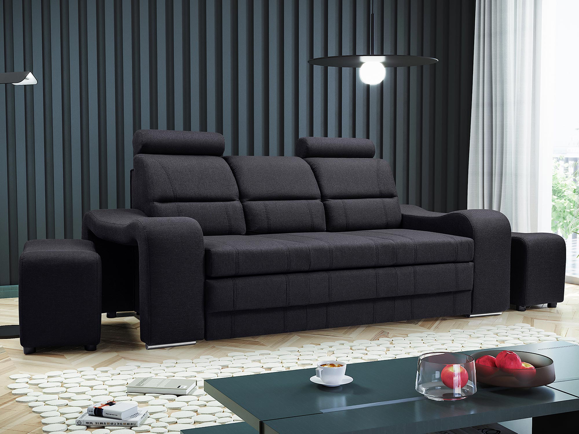 Czarna kanapa do salonu z pufami ELENA aranżacja