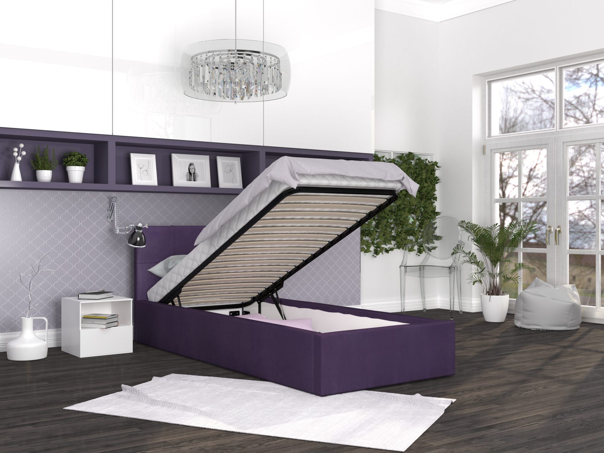 Łóżko tapicerowane fioletowe stelaż aranżacja