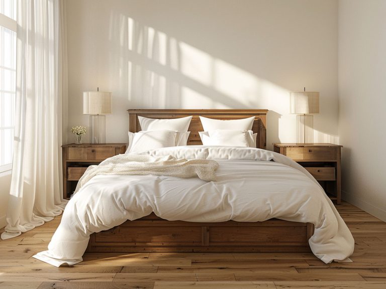 Skandynawska sypialnia z białą pościelą i drewnianymi szafkami, minimalistyczna sypialnia skandynawska.