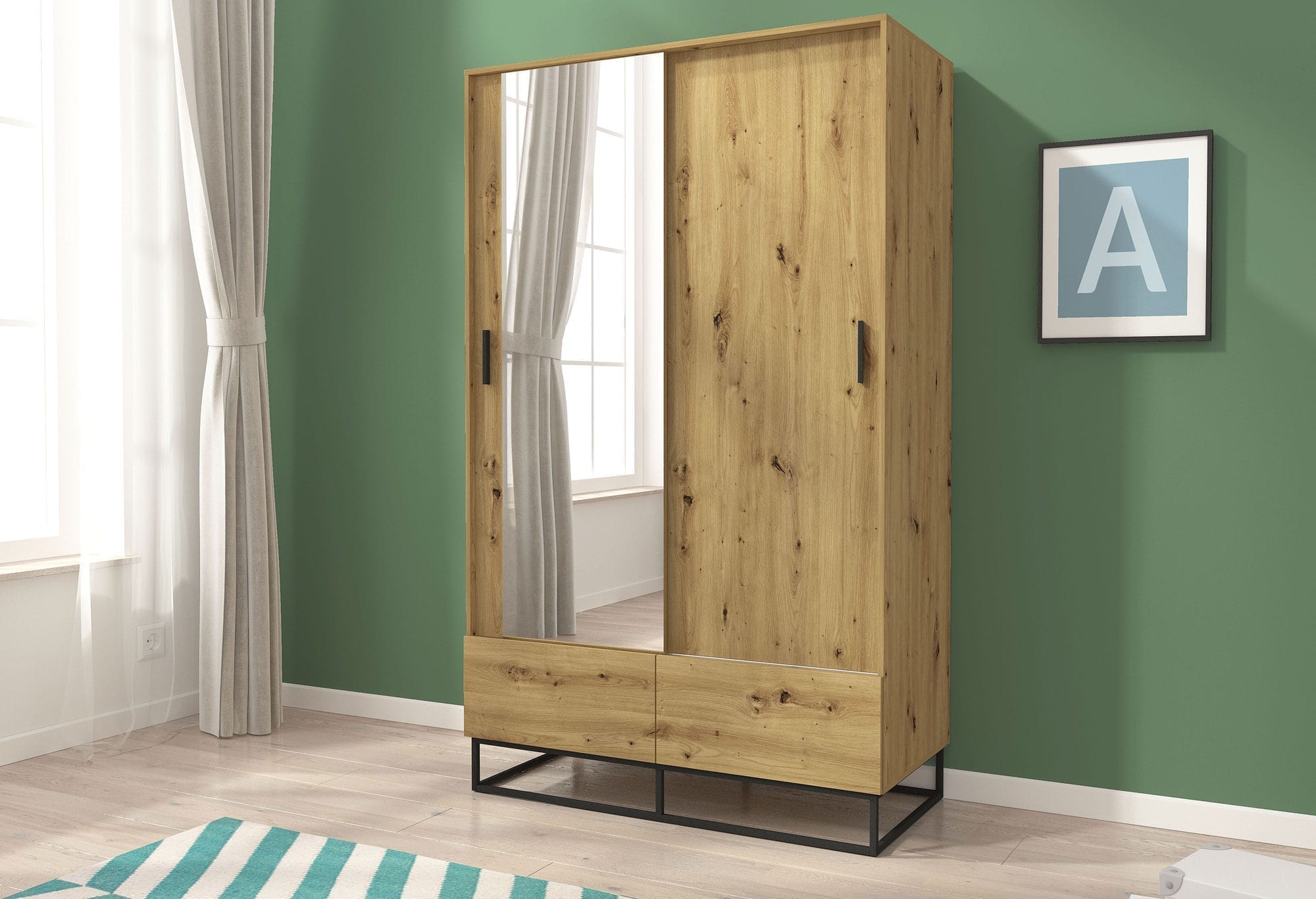 Szafa z drzwiami przesuwanymi i lustrem na nóżkach Szafa z drzwiami przesuwanymi i lustrem na nóżkach