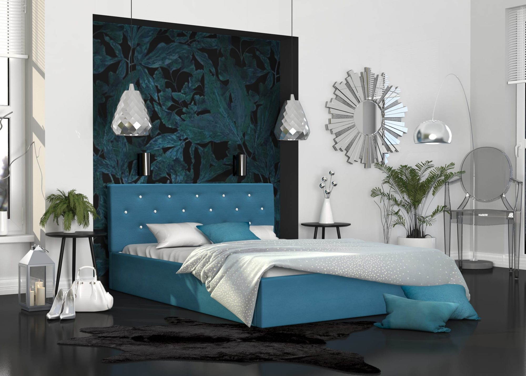 Łóżko tapicerowane turkus aranżacja FRESCO Łóżko tapicerowane turkus aranżacja FRESCO