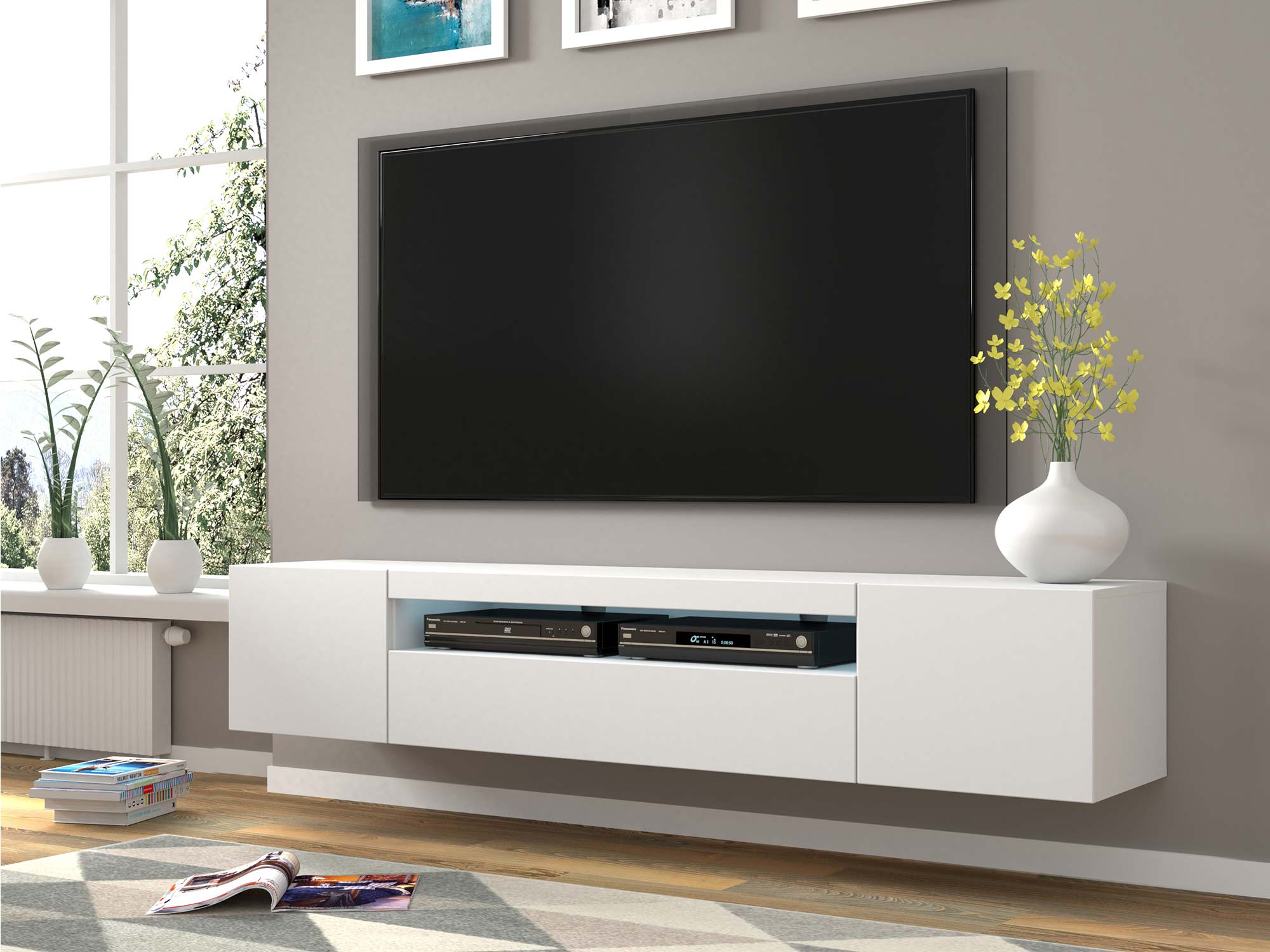 Nowoczesna szafka RTV z białym frontem i czarną wnęką