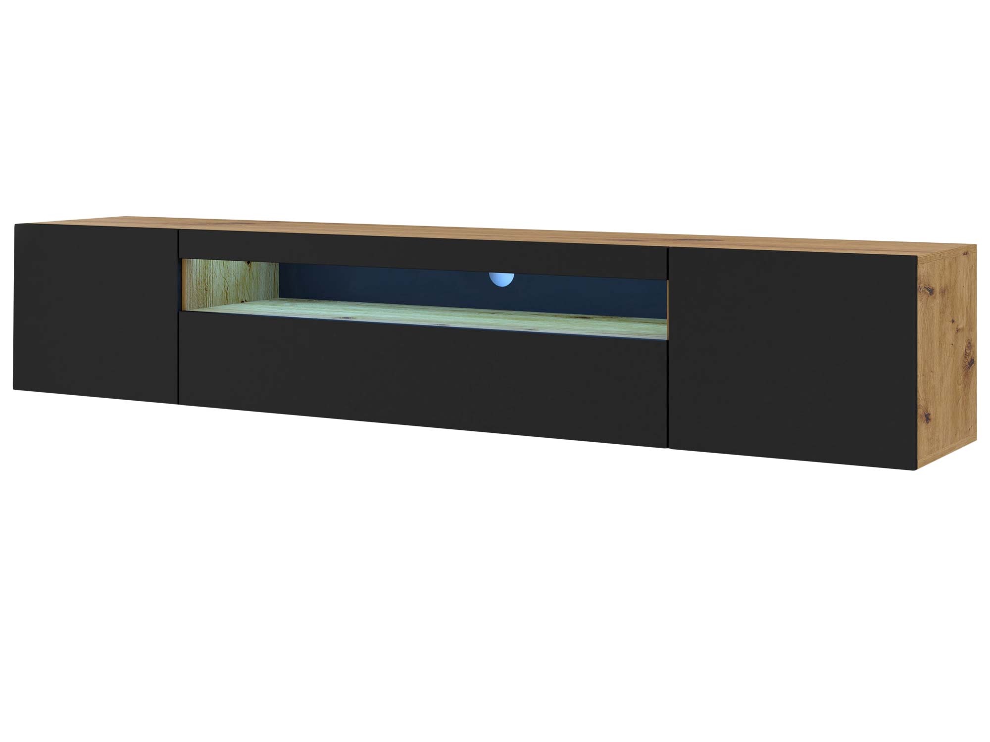 Szafka RTV z czarno-drewnianym korpusem i TV