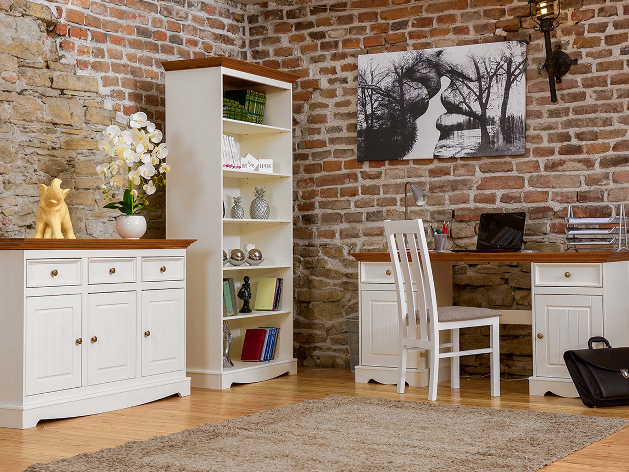 Biurko drewniane podwójne białe dąb aranżacja INGRID