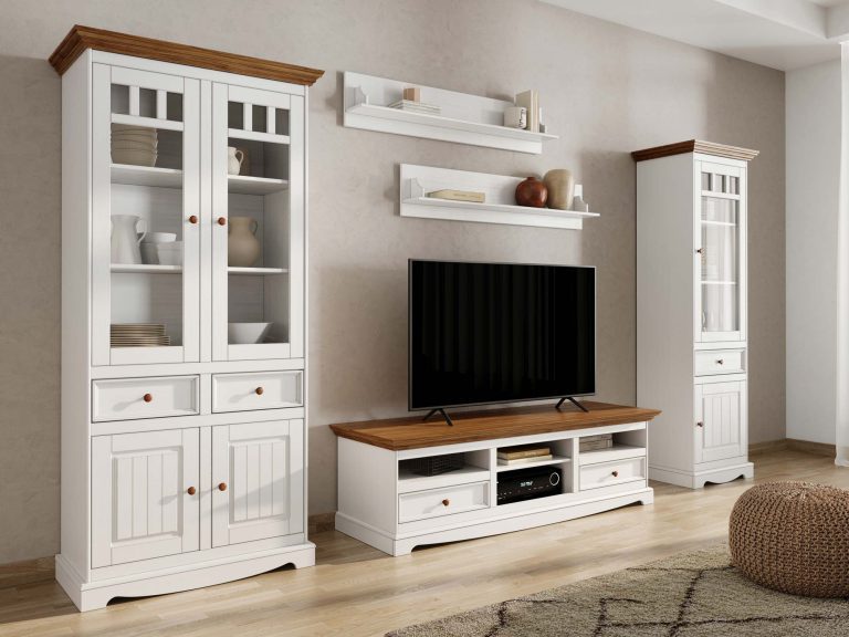 Witryna w stylu prowansalskim biały dąb aranżacja salon INGRID Szafka RTV Biała z Drewnianym Blatem Pomysły na Aranżacje