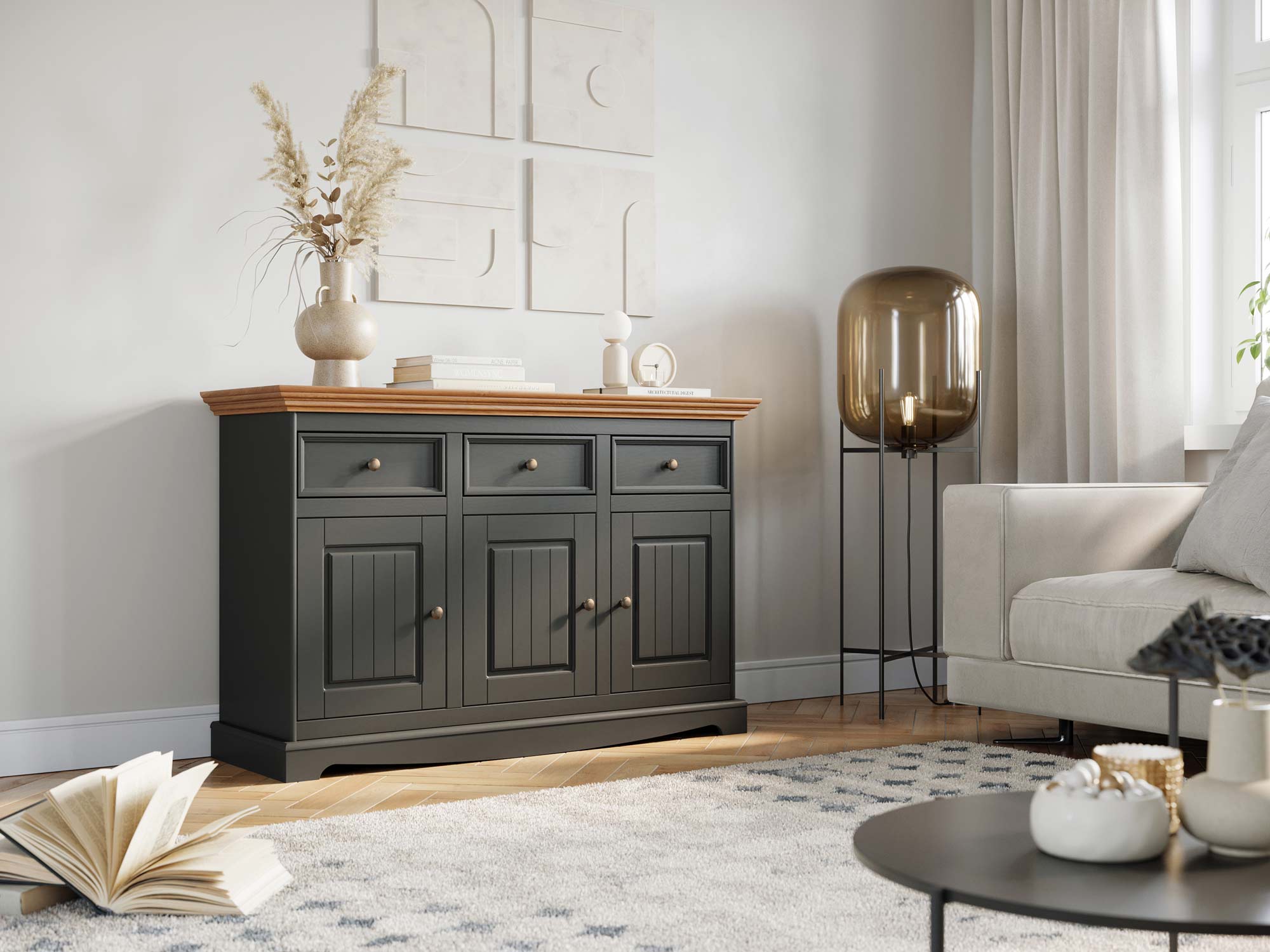 Biała klasyczna komoda drewniana grafit dąb aranżacja INGRID