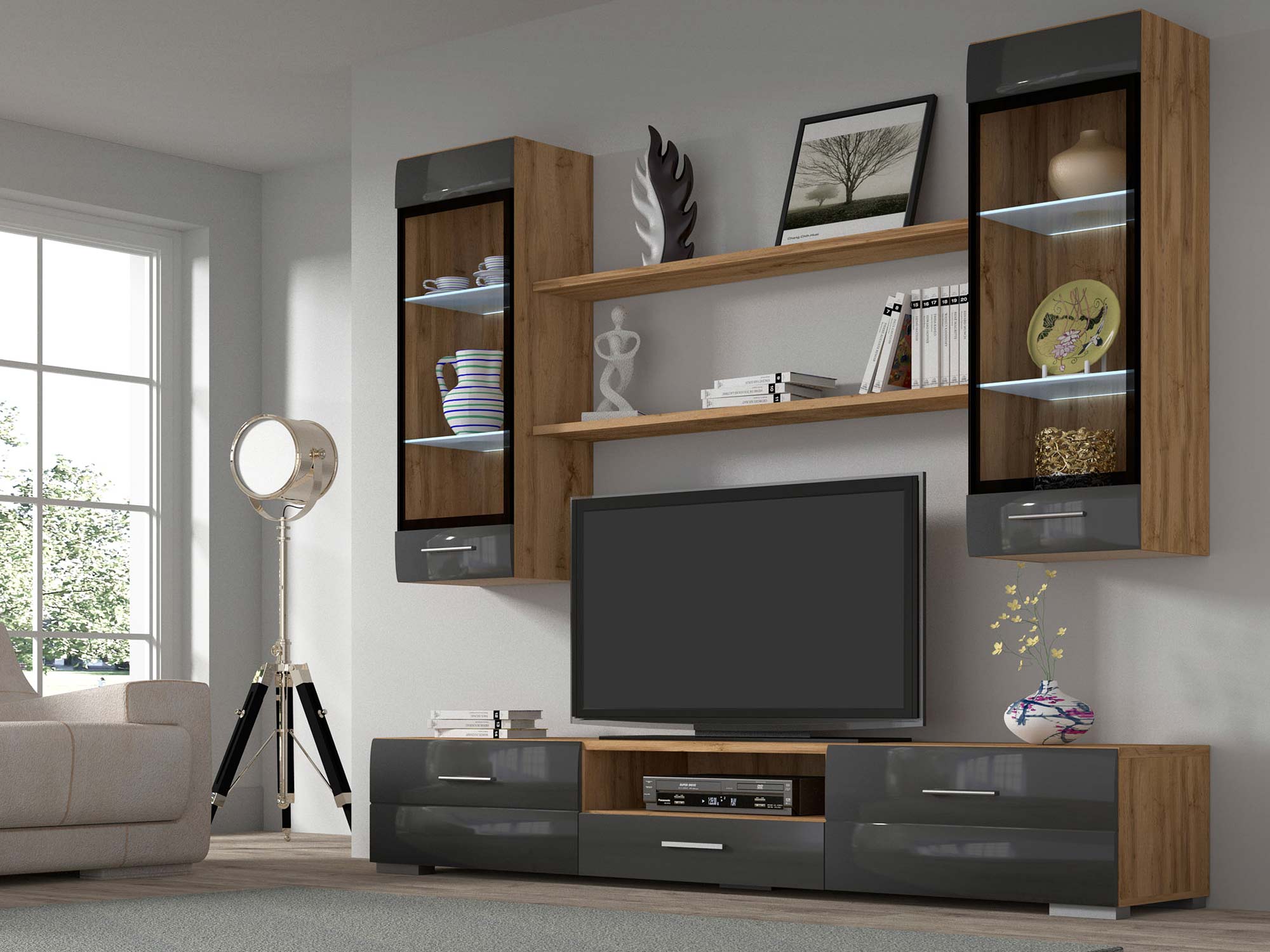 Elegancka meblościanka wysoki połysk wotan grafit EDIRNE Elegancka meblościanka wysoki połysk wotan grafit EDIRNE