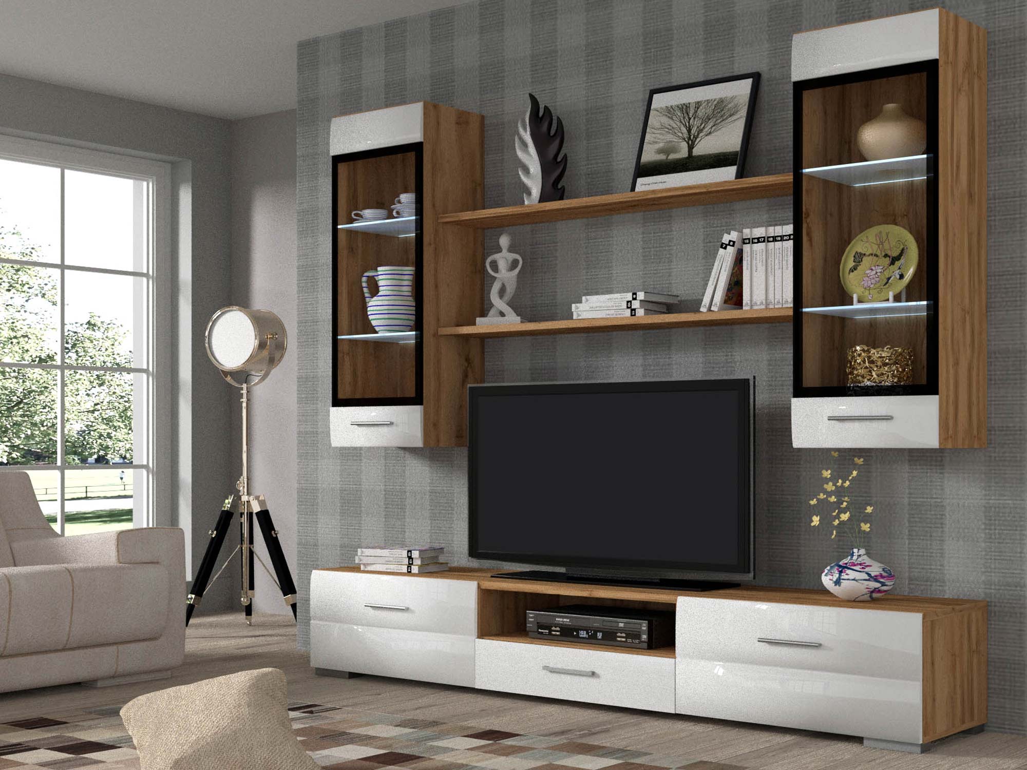 Elegancka meblościanka wysoki połysk wotan biały EDIRNE Elegancka meblościanka wysoki połysk wotan biały EDIRNE