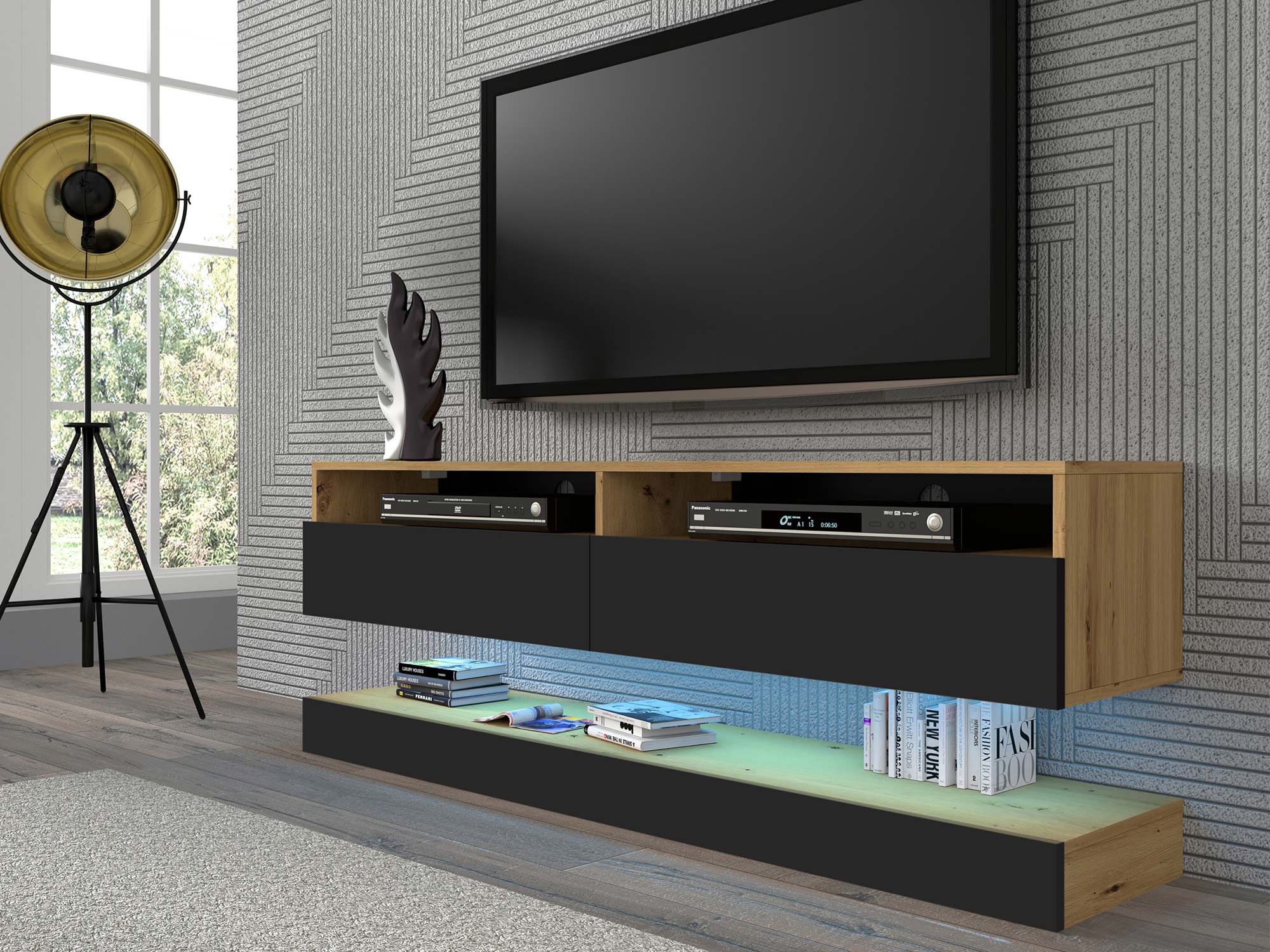 Nowoczesna szafka RTV z elementami drewnianymi i czarnym elementem