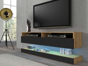 Miniaturka 2 - Wisząca szafka pod TV z oświetleniem LED artisan czarny aranżacja ELSA