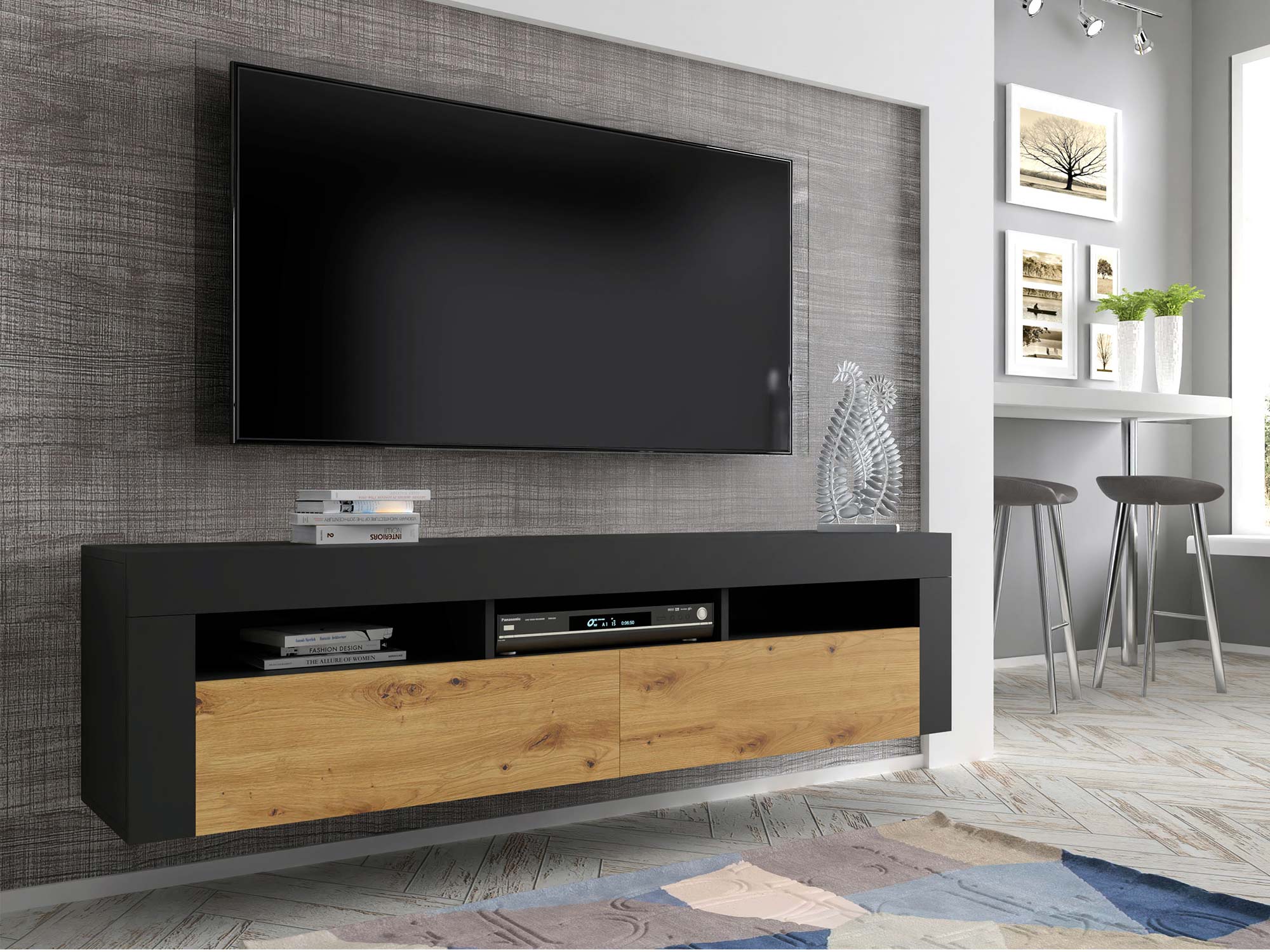Szykowna szafka RTV do salonu czarny artisan wisząca KILIS Szykowna szafka RTV do salonu czarny artisan wisząca KILIS
