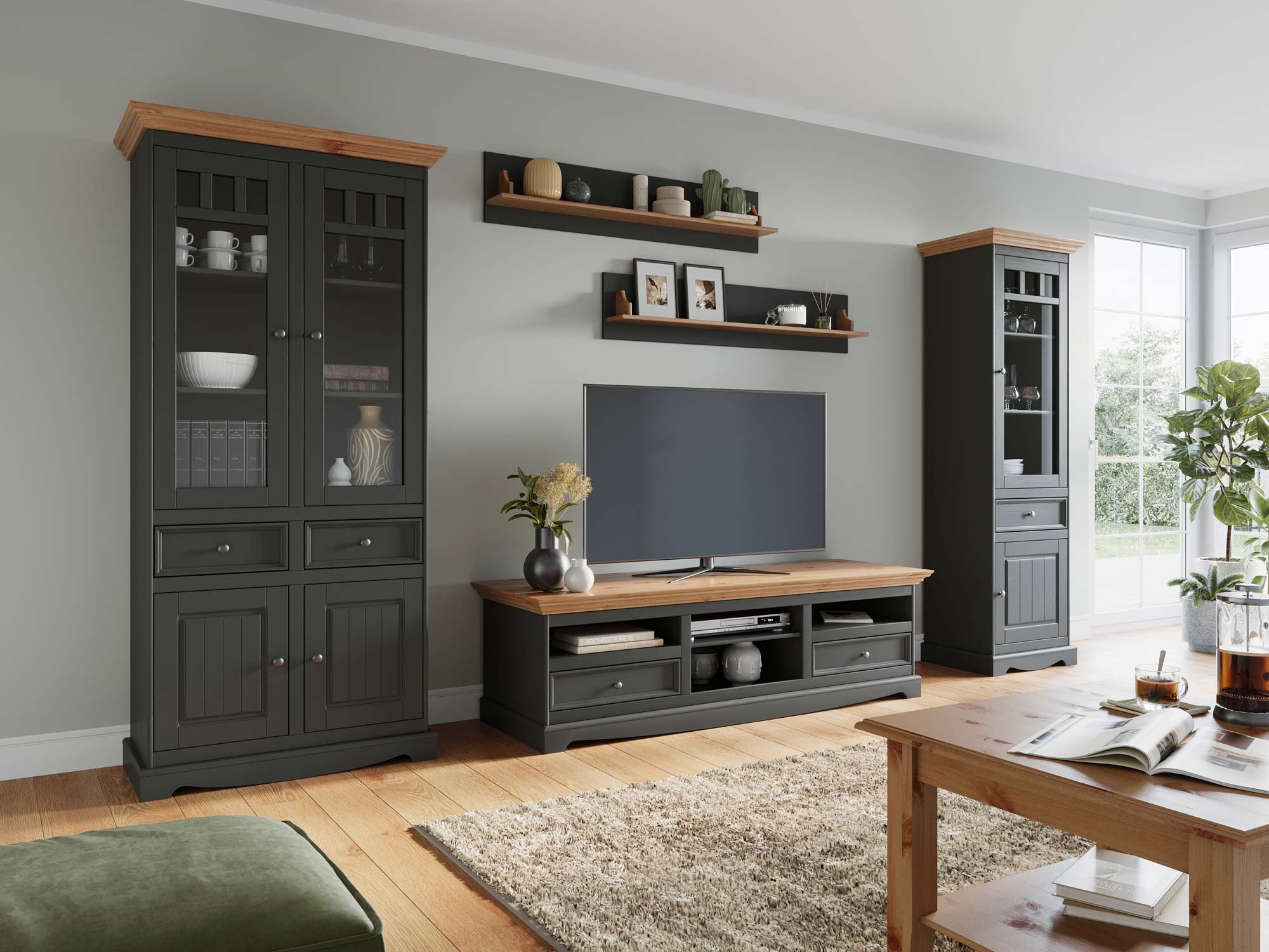 Duża biała szafka RTV vintage grafit sosna aranż salon INGRID Duża biała szafka RTV vintage grafit sosna aranż salon INGRID