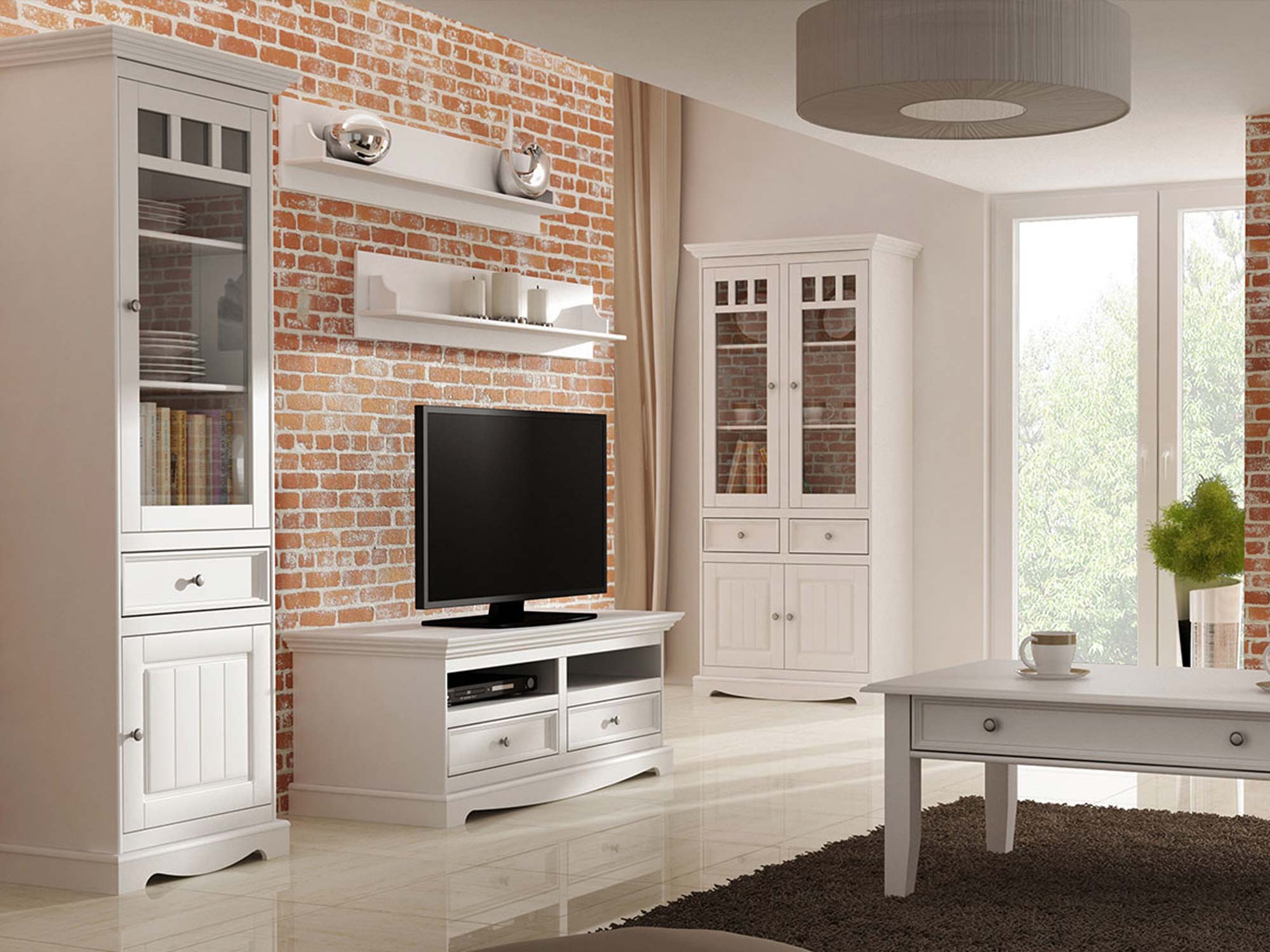 Klasyczna biała szafka RTV aranżacja salon INGRID