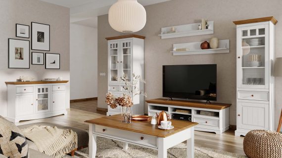 Miniaturka 21 - Duża biała szafka RTV vintage biały dąb aranż salon INGRID