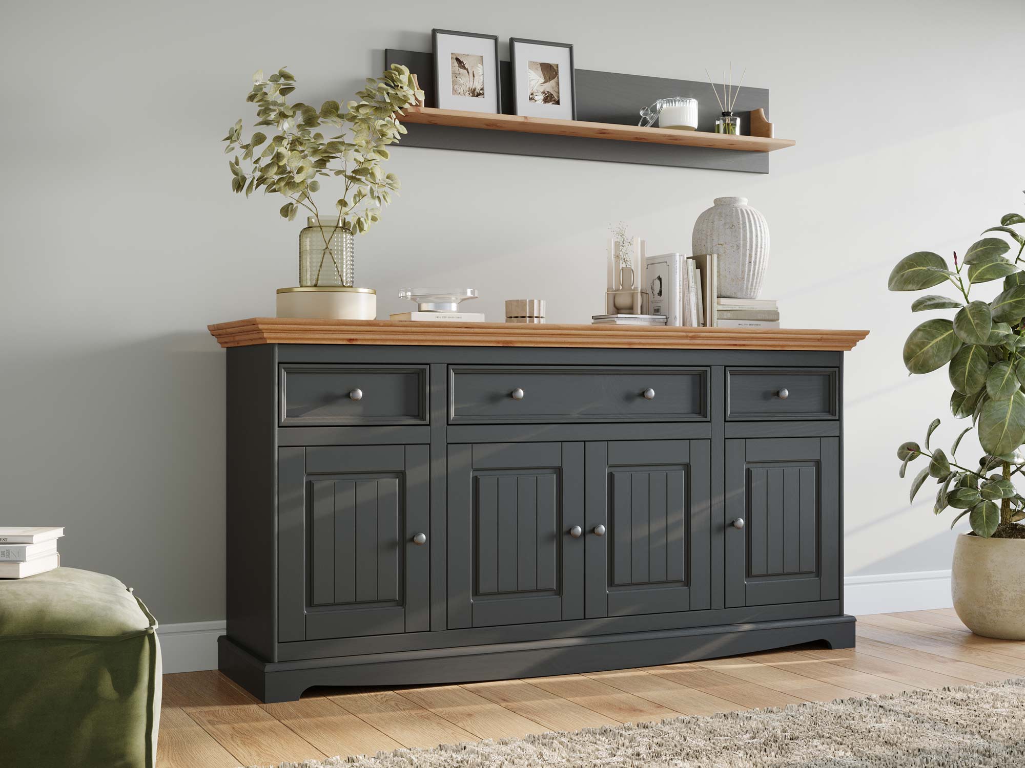 Solidna komoda z drewna litego grafit aranżacja INGRID