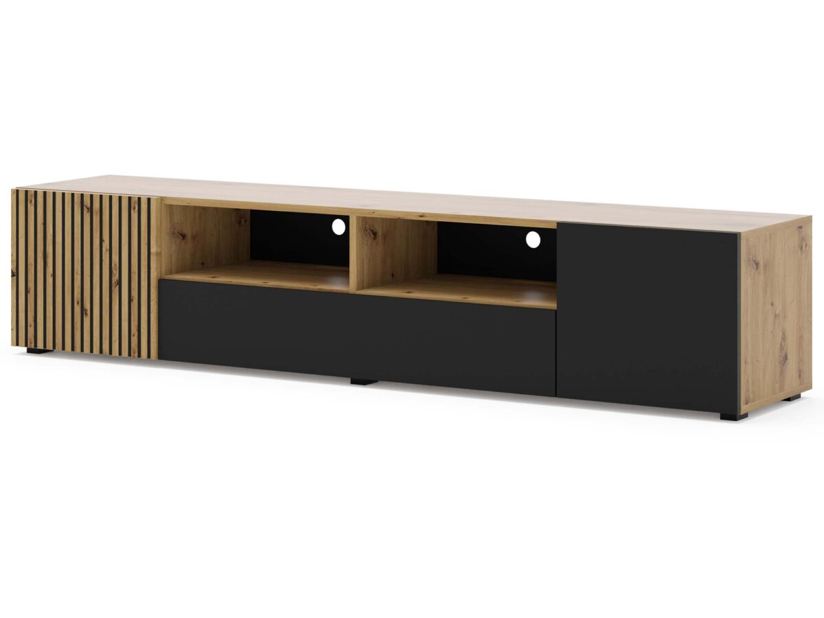 Rustikales TV-Lowboard 200 cm Schwarz Holzoptik Lamellen MERVE