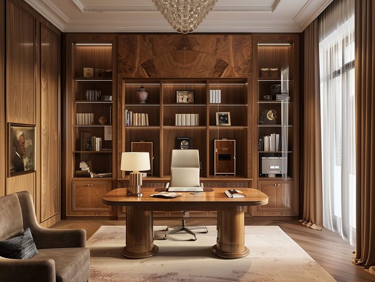 Klasyczna biblioteka z regałami z ciemnego drewna, luksusowe wnętrze biblioteczne.