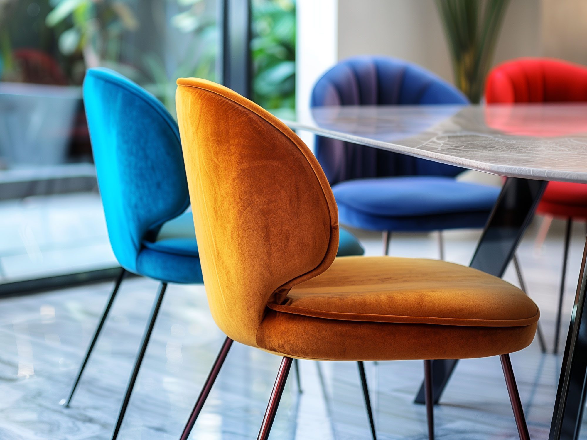 Kolorowe krzesła z aksamitnym obiciem w nowoczesnej jadalni