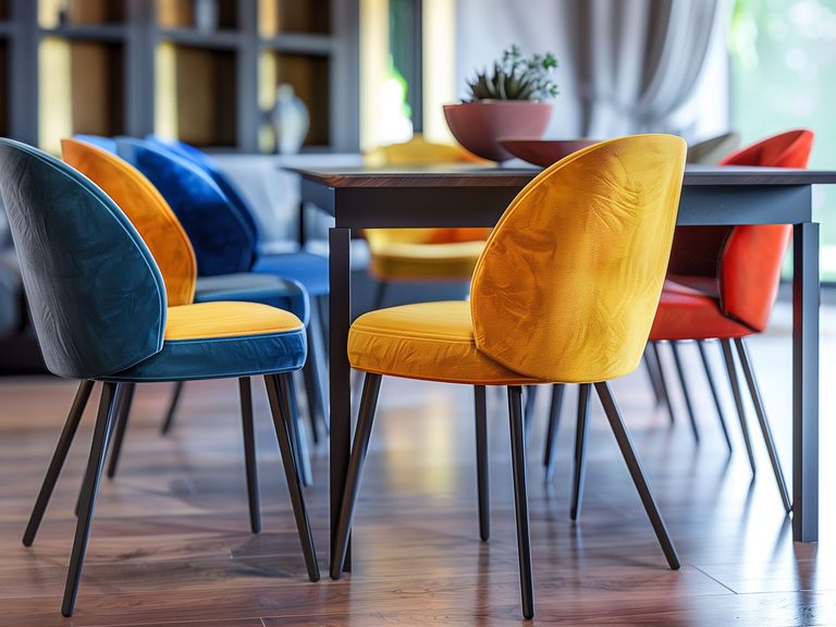 Nowoczesne krzesła z aksamitnym obiciem i metalowymi nogami