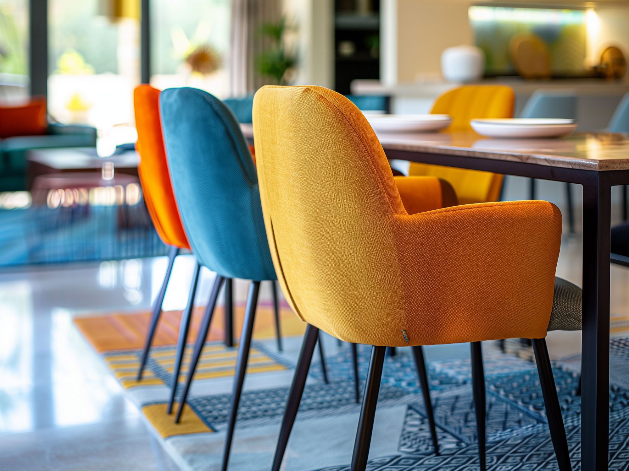 Kolorowe krzesła z welurowym obiciem w nowoczesnej jadalni